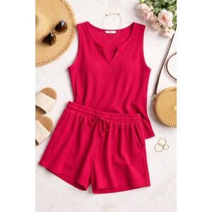 Ekouaer 2XL Hot Pink Lounge Set Ribbed Tank & Shorts Matching Set Summer Comfy